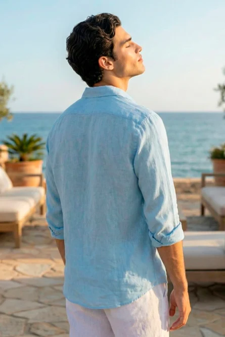 Camisa Lino Algodón Celeste Melange - Imagen 2