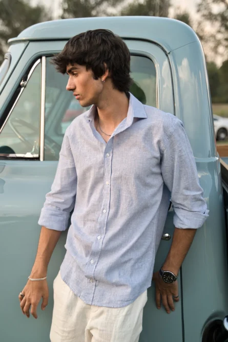 Camisa Lino Algodón Mil Rayas Azul