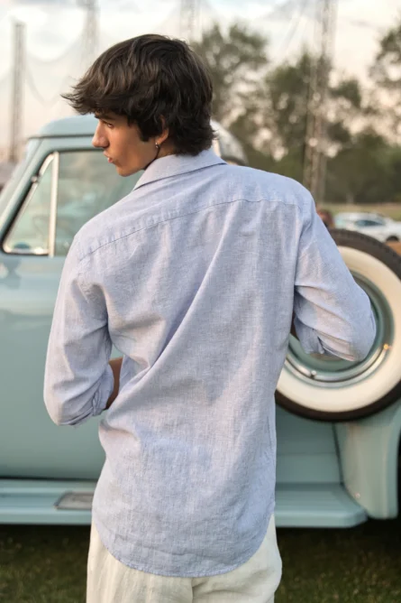 Camisa Lino Algodón Mil Rayas Azul