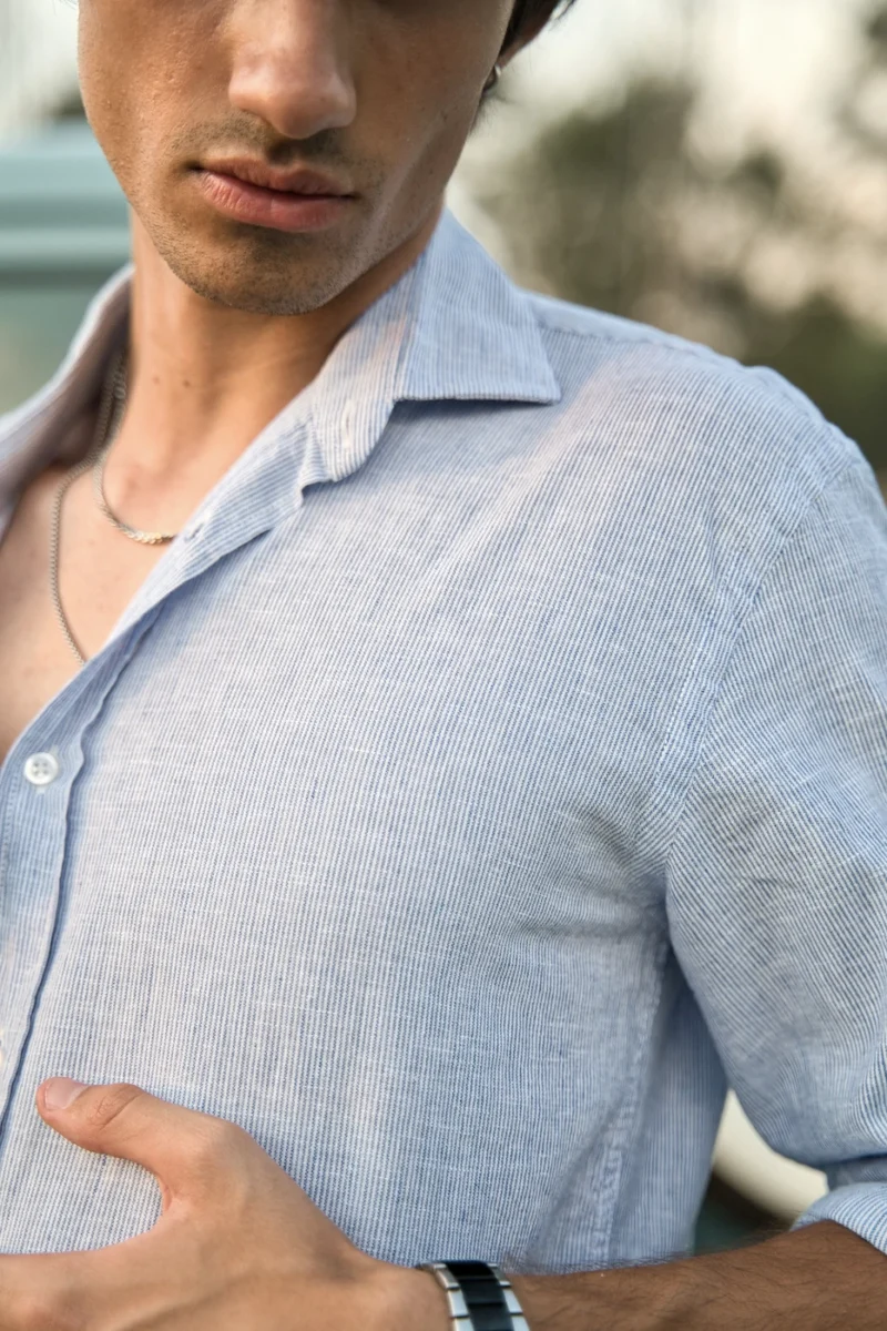 Camisa Lino Algodón Mil Rayas Azul