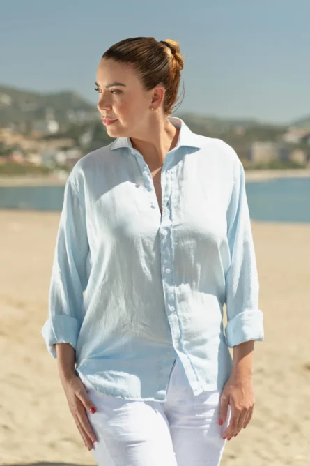Camisa Puro Lino Premium Celeste Mujer