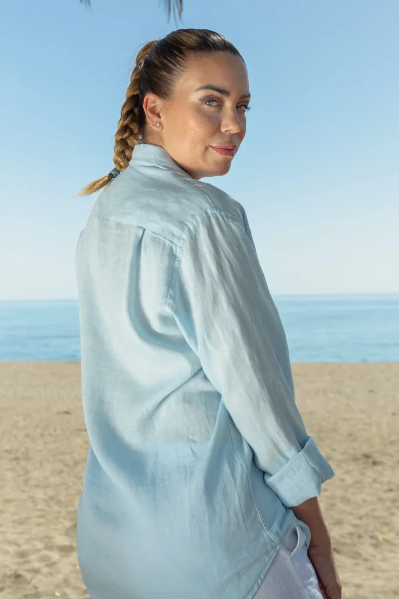 Camisa Puro Lino Premium Celeste Mujer
