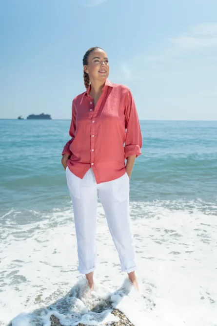 Camisa Puro Lino Premium Coral Mujer