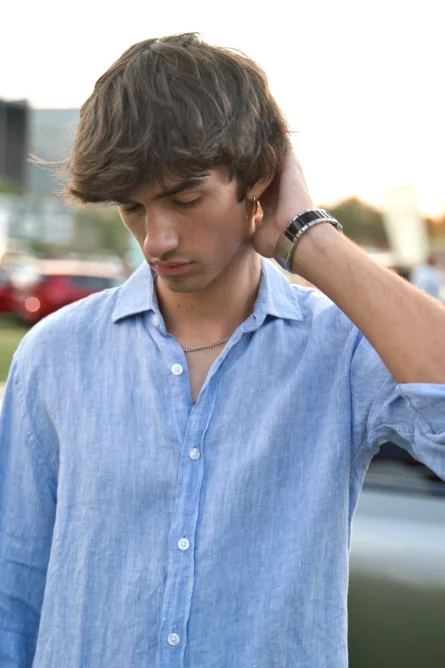 Camisa Lino Algodón Azul Melange