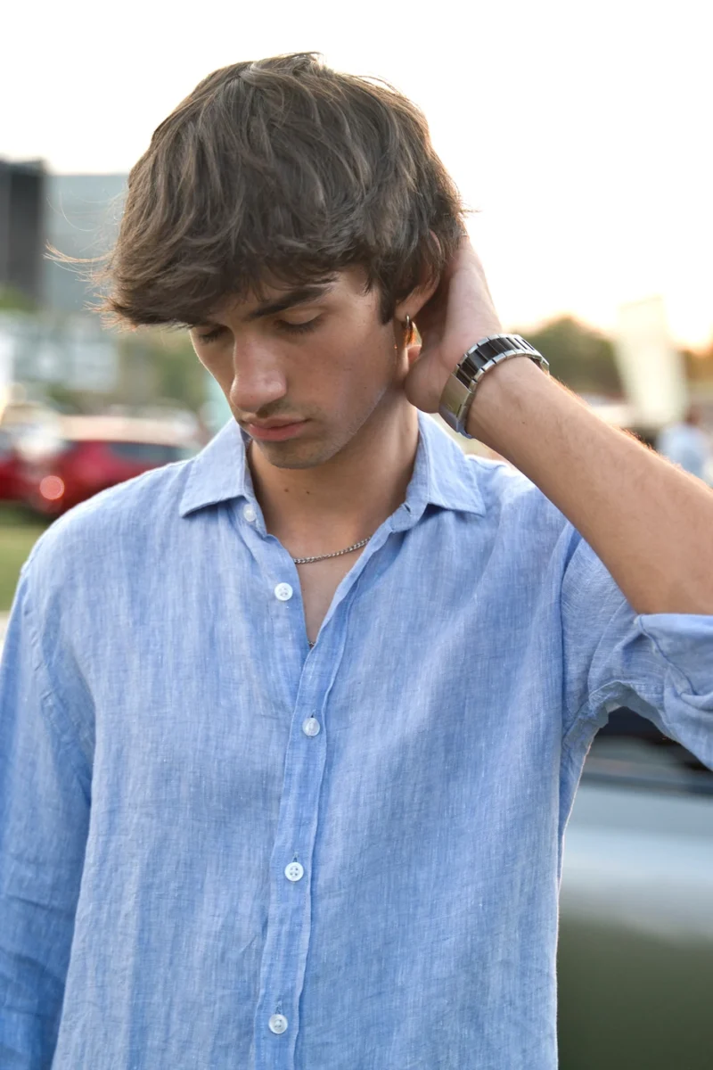 Camisa Lino Algodón Azul Melange