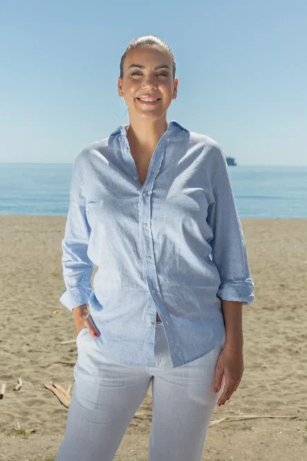 Camisa Lino Algodón Mil Rayas Azul Mujer