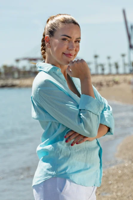 Camisa Puro Lino Premium Verde Agua Mujer