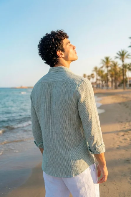 Camisa Lino Algodón Mil Rayas Kaki - Imagen 2