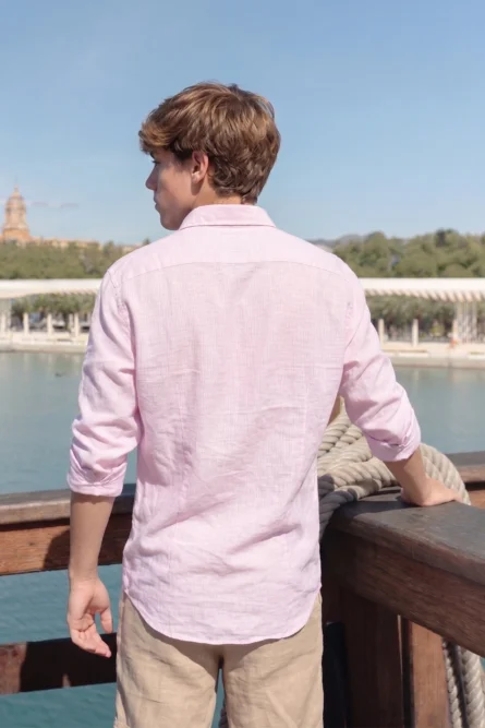 Camisa Niño Puro Lino Algodón Mil Rayas Rosa - Imagen 2