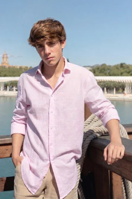 Camisa Niño Puro Lino Algodón Mil Rayas Rosa - Imagen 1