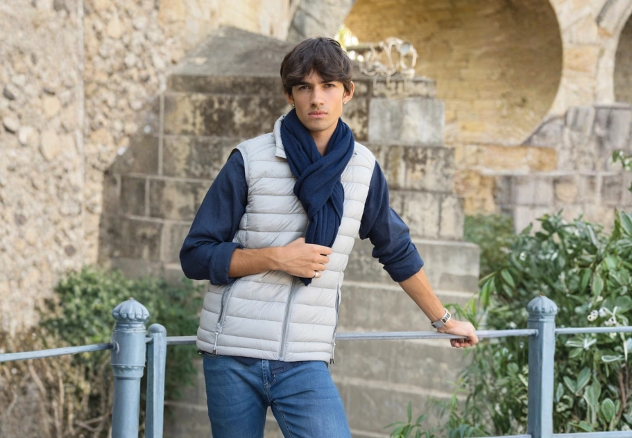 Conjunto Bufanda Marino Lana y Cashmere, Chaleco Gris Claro y Camisa Puro Lino Premium Marino